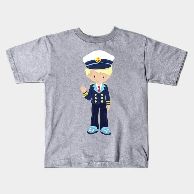 Boat Captain, Skipper, Cute Boy, Blond Hair Kids T-Shirt by Jelena Dunčević